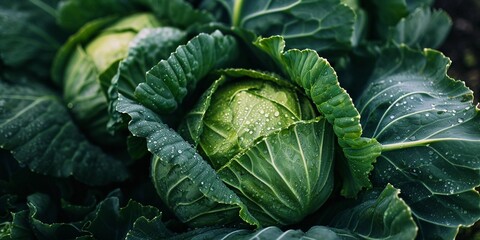 Obraz premium Close-up photography of fresh green cabbage with Water Drops