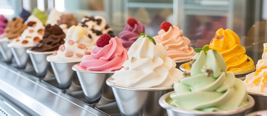 A variety of flavors are available in an automated self-serve soft serve ice cream machine.