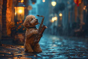 a cute poodle plays the saxophone on the street in the rain, anthropomorphic, cute animals concept - obrazy, fototapety, plakaty