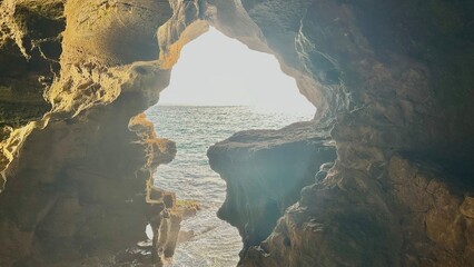 The caves of Hercules. Archaeological cave in cape spartel in morocco. Panoramic view of the caves of hercules in cape spartel. - obrazy, fototapety, plakaty
