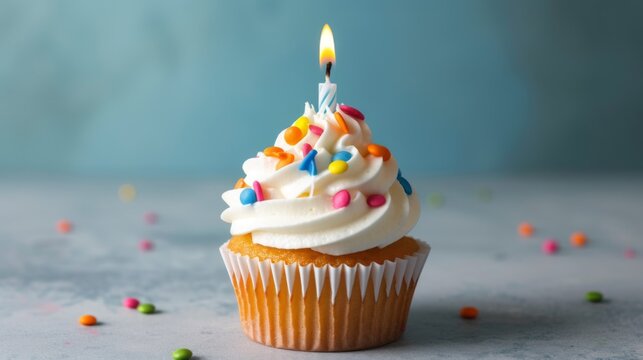 festive birthday cupcake with a candle generative ai