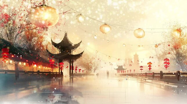 Chinese New Year. Hieroglyph translation - Rat. Vector illustration. Asian Clouds, Lanterns  Seamless looping 4k time-lapse virtual video animation background. Generated AI	
