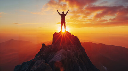 businessman standing on the peak of a high mountain, raise his hands, at sunset - 726010746