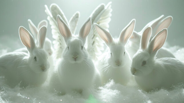 A group of bunnies happily hop around an angel enjoying the magical energy that surrounds them.