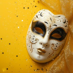 venetian mask carnival party background on bright yellow space background generative ai