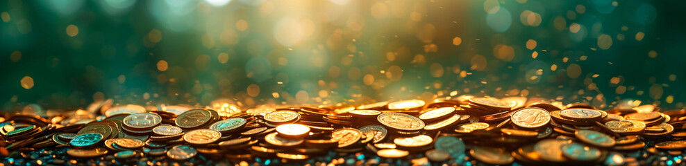 Pile of gold coins on abstract green and yellow glitter bokeh background. Festive backdrop for St. Patrick's Day, holiday or event - obrazy, fototapety, plakaty