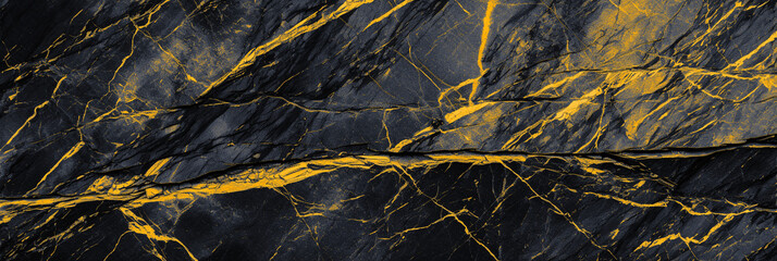 Panoramic dark stone black-gold granite texture. Close-up rock banner ad design. Grunge abstract background with copy space
