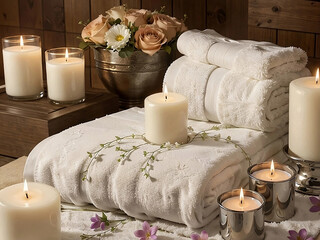 Spa treatment background. towels with candles and flowers. banner with copy space