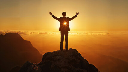 businessman standing on the peak of a high mountain, raise his hands, at sunset - 726011392