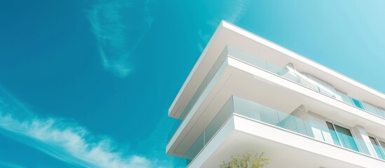 Modern residential building with white facade against blue sky