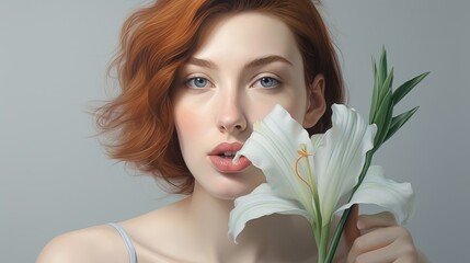 Woman With Red Hair Holding White Flower