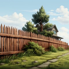 Painting of Wooden Fence With House in Background