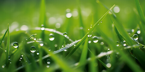 dew on grass, Natural green grass with water drops background, Morning dew on the grass shallow depth of field green grass with dew drops close up, Generative AI