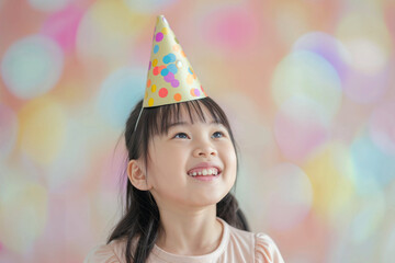 Fototapeta na wymiar Smiling little asian girl looking up against a pastel background with a birthday party hat on her head