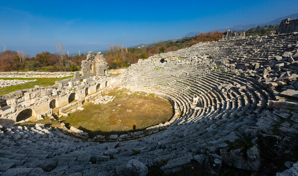 View of the ruins of the theater of the ancient city of Tlos, Turkey.