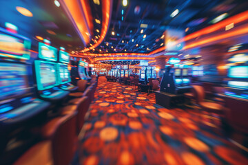 Blurred casino with colorful slot machines. Motion blur and long exposure effect.
