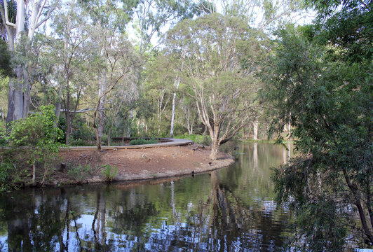 Lake with trees and a walkway at Reg Tanna Park in Gladstone, Queensland, Australia