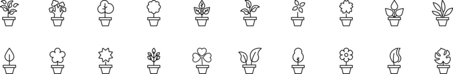 Collection of thin line icons of pot plants. Linear sign and editable stroke. Suitable for web sites, books, articles