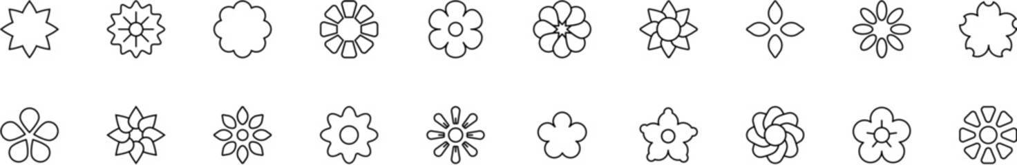 Collection of thin line icons of flowers. Linear sign and editable stroke. Suitable for web sites, books, articles