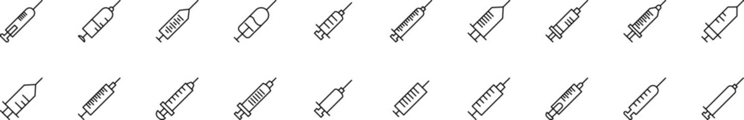 Collection of thin line icons of syringes. Linear sign and editable stroke. Suitable for web sites, books, articles