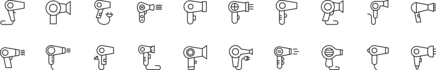 Collection of thin line icons of hairdryer. Linear sign and editable stroke. Suitable for web sites, books, articles