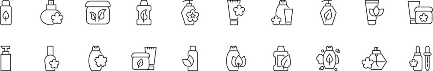 Collection of thin line icons of natural cosmetics bottles. Linear sign and editable stroke. Suitable for web sites, books, articles