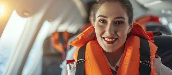 Cheerful flight attendant demonstrating safety procedures with life vest - obrazy, fototapety, plakaty