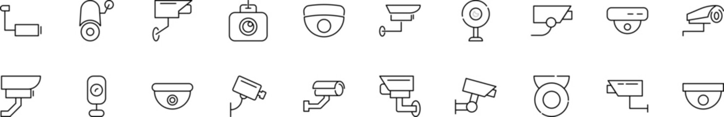 Collection of thin line icons of CCTV. Linear sign and editable stroke. Suitable for web sites, books, articles