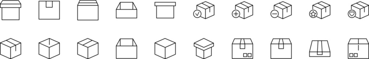 Collection of thin line icons of boxes. Linear sign and editable stroke. Suitable for web sites, books, articles