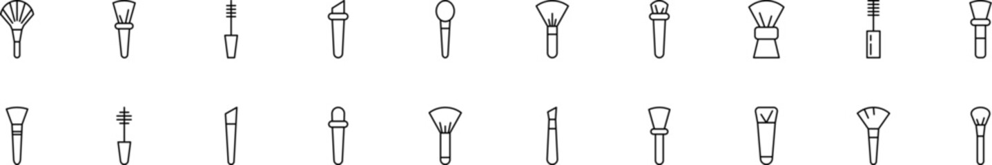Collection of thin line icons of makeup brushes. Linear sign and editable stroke. Suitable for web sites, books, articles