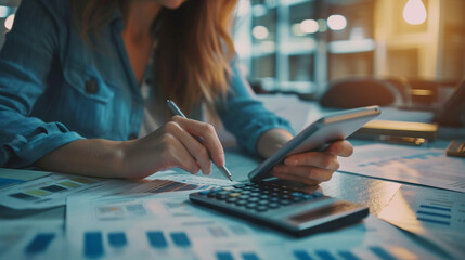 Tax data analysis concept Businesswoman looking company tax balance sheet report.
