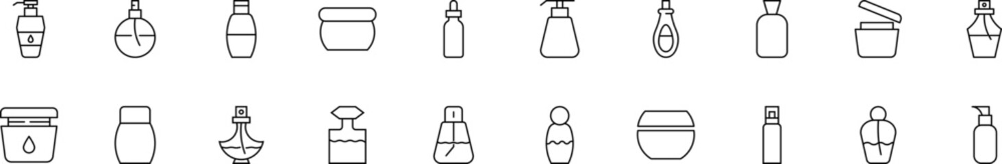 Collection of thin line icons of cosmetic bottles. Linear sign and editable stroke. Suitable for web sites, books, articles