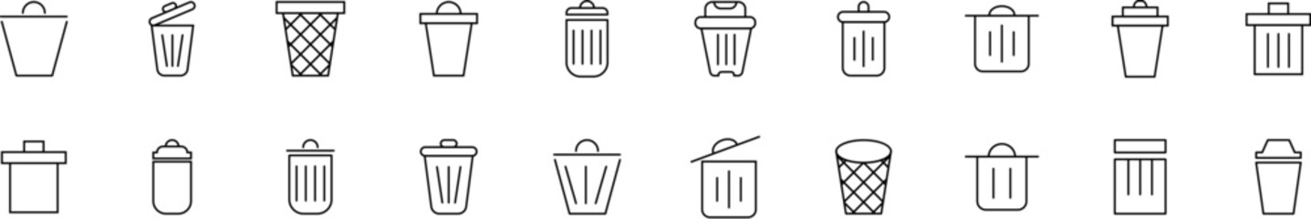 Collection of thin line icons of trash can. Linear sign and editable stroke. Suitable for web sites, books, articles