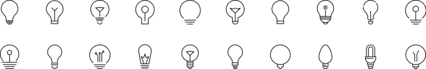 Collection of thin line icons of different light bulbs. Linear sign and editable stroke. Suitable for web sites, books, articles