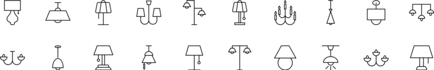 Collection of thin line icons of lamps and lustres. Linear sign and editable stroke. Suitable for web sites, books, articles