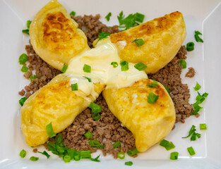 Traditional Ukrainian pierogi grilled in butter and served with minced meat and cream, decorated with fresh fine herbs