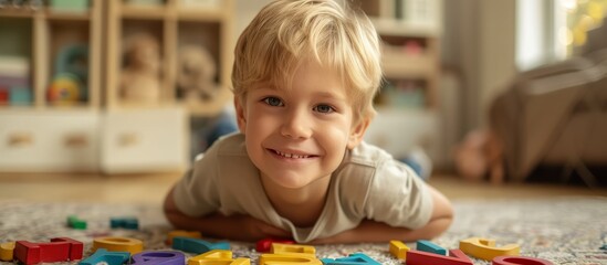 Blond boy with letters, numbers, and figures on the floor, looking at camera and smiling.