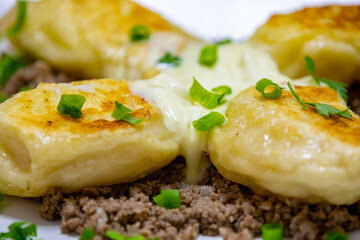 Traditional Ukrainian pierogi grilled in butter and served with minced meat and cream, decorated with fresh fine herbs
