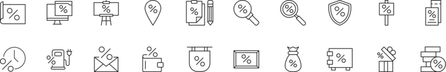 Collection of thin line icons of percent by various signs. Linear sign and editable stroke. Suitable for web sites, books, articles - obrazy, fototapety, plakaty