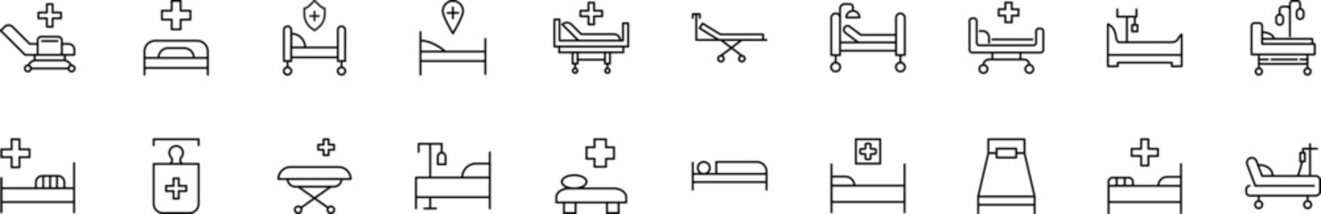 Collection of thin line icons of hospital bed. Linear sign and editable stroke. Suitable for web sites, books, articles - obrazy, fototapety, plakaty
