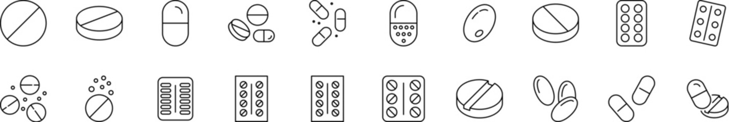 Collection of thin line icons of pills. Linear sign and editable stroke. Suitable for web sites, books, articles