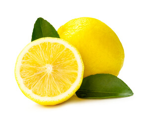 Front view and close up of fresh yellow lemon fruit with half and leaves isolated with clipping path and shadow in png file format