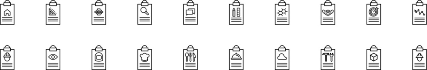 Collection of thin line icons of items on clipboard. Linear sign and editable stroke. Suitable for web sites, books, articles - obrazy, fototapety, plakaty