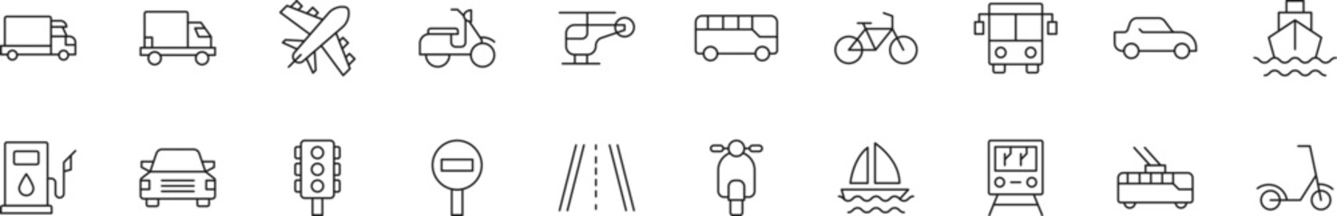 Collection of thin line icons of transport. Linear sign and editable stroke. Suitable for web sites, books, articles - obrazy, fototapety, plakaty