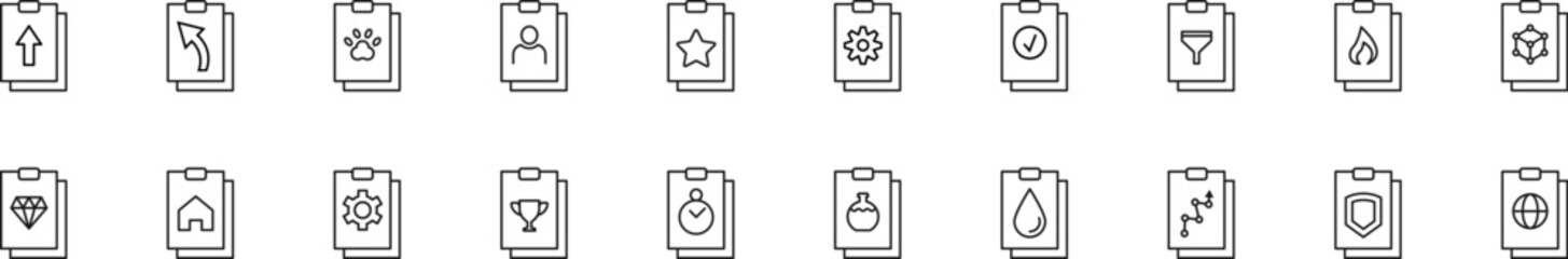 Collection of thin line icons of clipboards with items on it. Linear sign and editable stroke. Suitable for web sites, books, articles