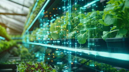 Hydroponics vertical farm in greenhouse laboratory with high technology and hologram style. - obrazy, fototapety, plakaty