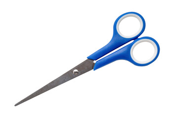 Top view of small multipurpose scissors with blue handle isolated with clipping path in png file format