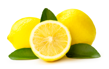 Front view and close up of fresh yellow lemon fruits with half and leaves isolated with clipping path and shadow in png file format
