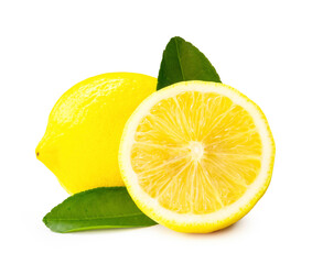 Front view and close up of fresh yellow lemon fruit with half and leaves isolated on white background with clipping path