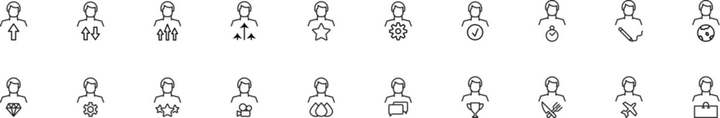 Collection of thin line icons of items by faceless man. Linear sign and editable stroke. Suitable for web sites, books, articles